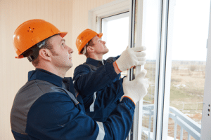 2 window repair technicians holding window for installation